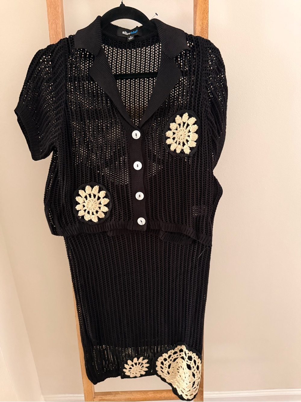 Allison Brittney Black Crochet Two-Piece Dress with Cream Floral Appliqués